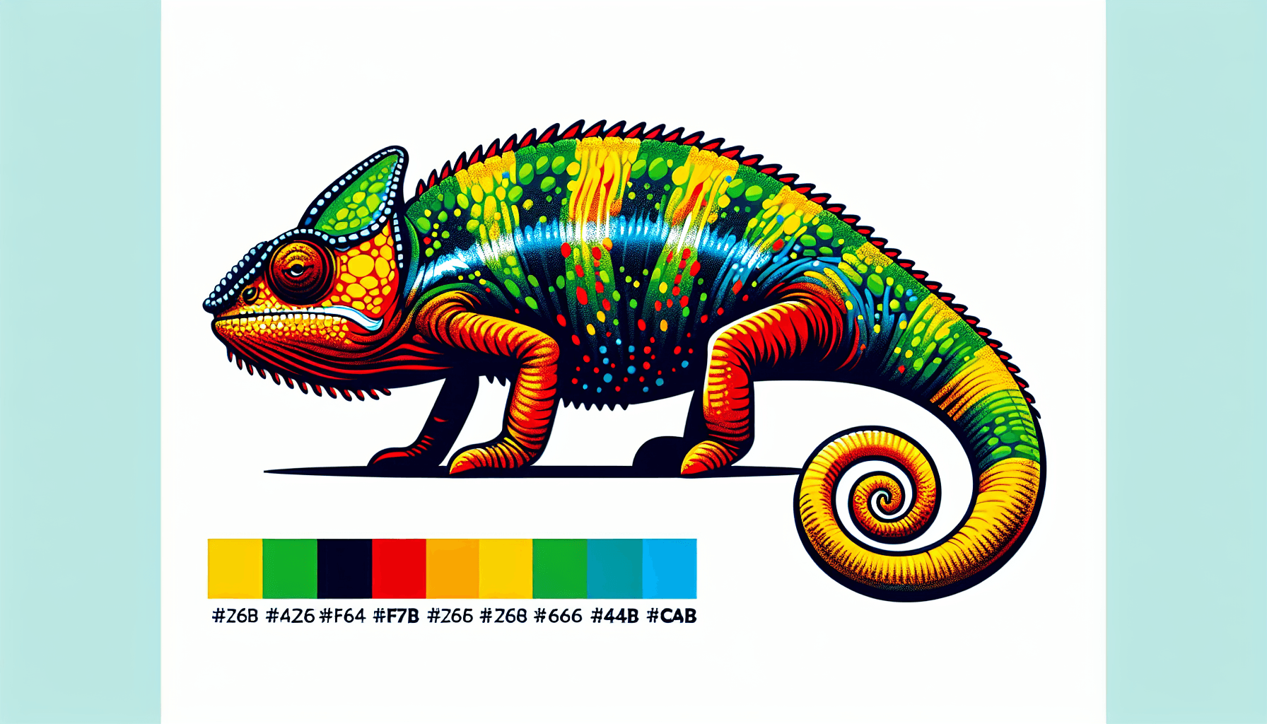 Camaleón en estilo de ilustración plana y fondo blanco, colores rojo #f47574, verde #88c7a8, amarillo #fcc44b y azul #645bc8.