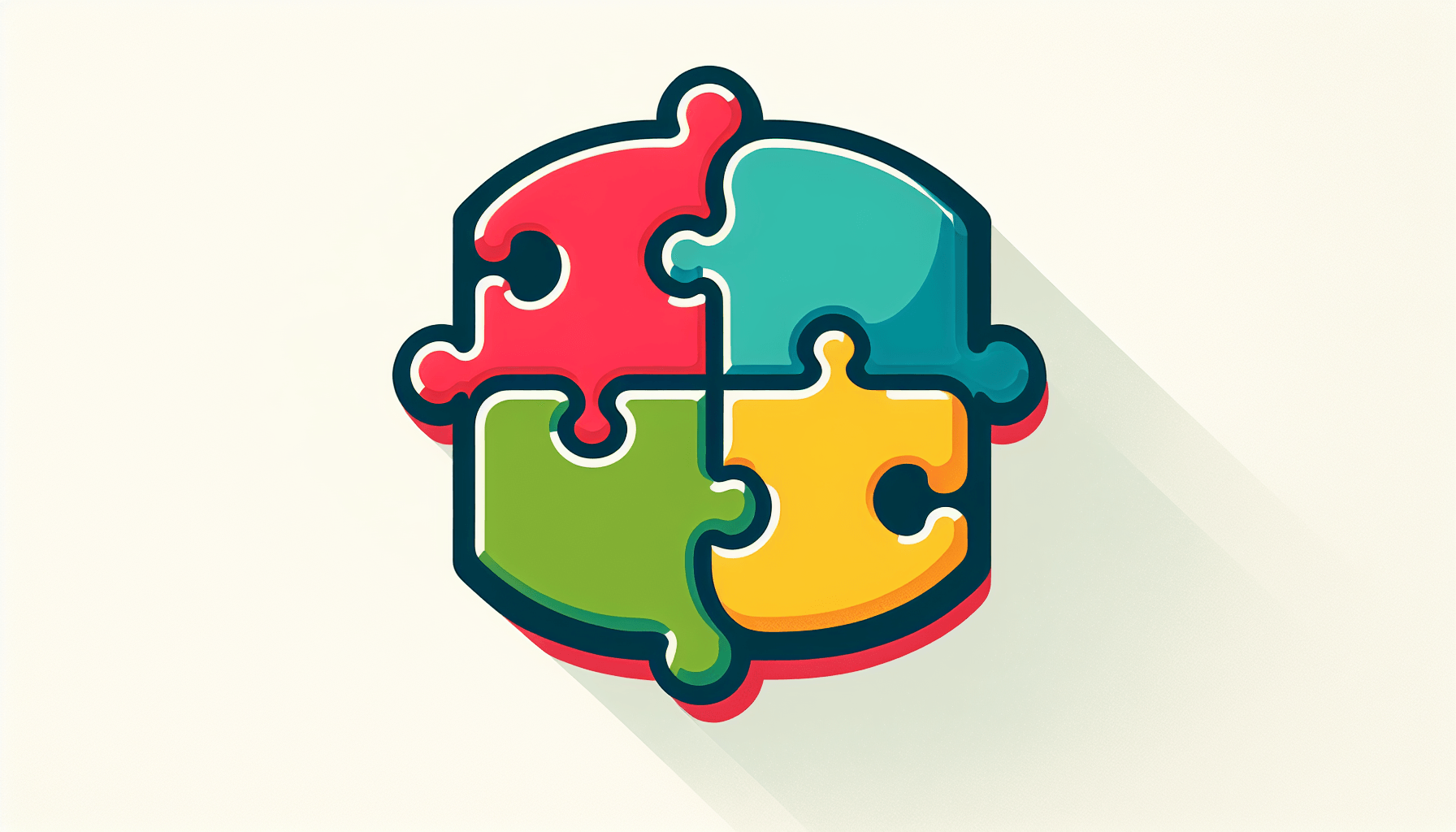 Jigsaw puzzle in flat illustration style and white background, red #f47574, green #88c7a8, yellow #fcc44b, and blue #645bc8 colors.