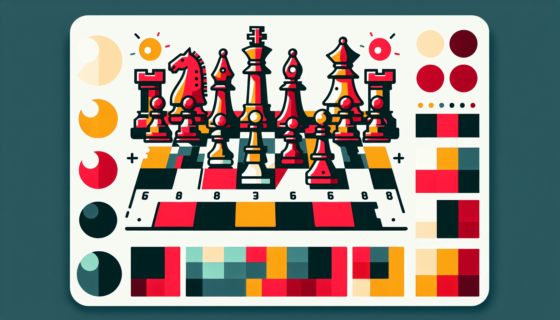 Chessboard in flat illustration style and white background, red #f47574, green #88c7a8, yellow #fcc44b, and blue #645bc8 colors.