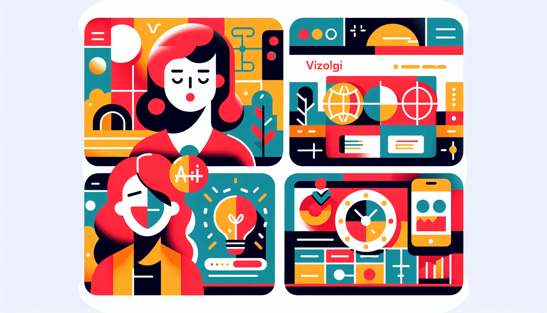 vizologi.com/ vs. www.venturekit.ai/ vs. www.15minuteplan.ai/ in flat illustration style and white background, red #f47574, green #88c7a8, yellow #fcc44b, and blue #645bc8 colors.