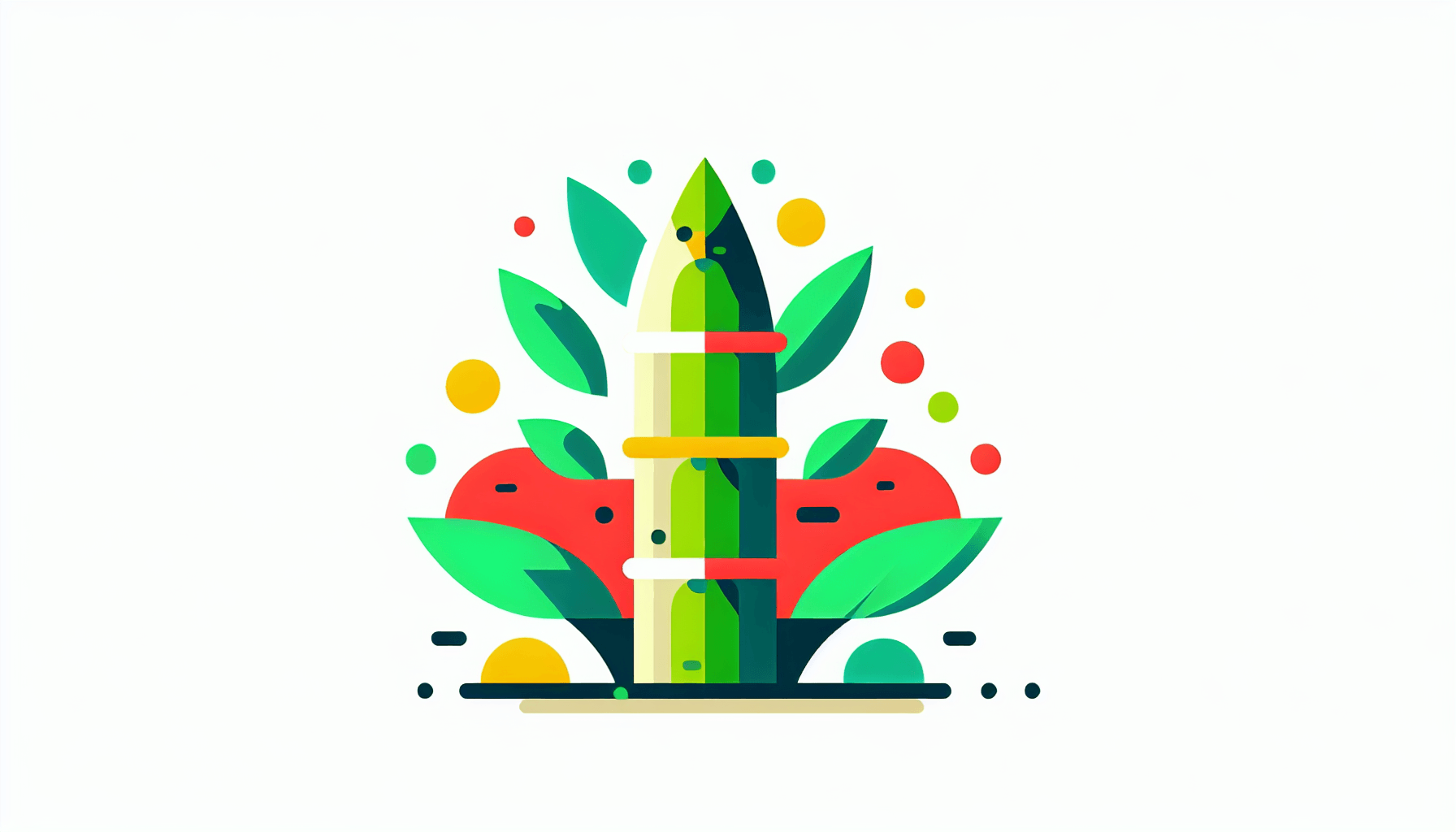 Bamboo shoot in flat illustration style and white background, red #f47574, green #88c7a8, yellow #fcc44b, and blue #645bc8 colors.